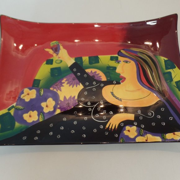 Naylor Designs 2004 Hand Painted Ceramic Hanging Plate 13.5" L X 9.5" T Lady Sip - Picture 3 of 12